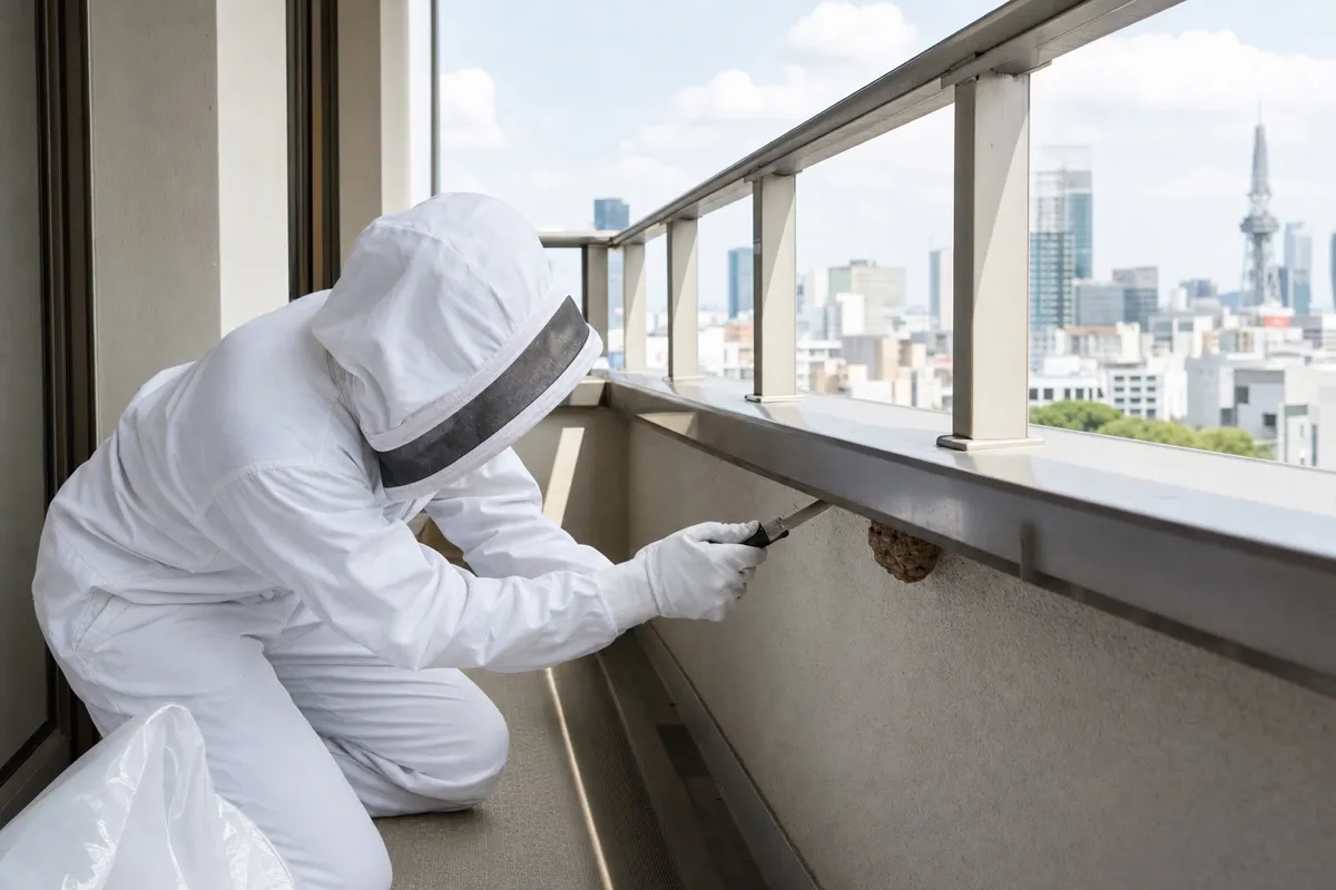 名古屋市中区新栄のマンションでスズメバチ駆除作業中