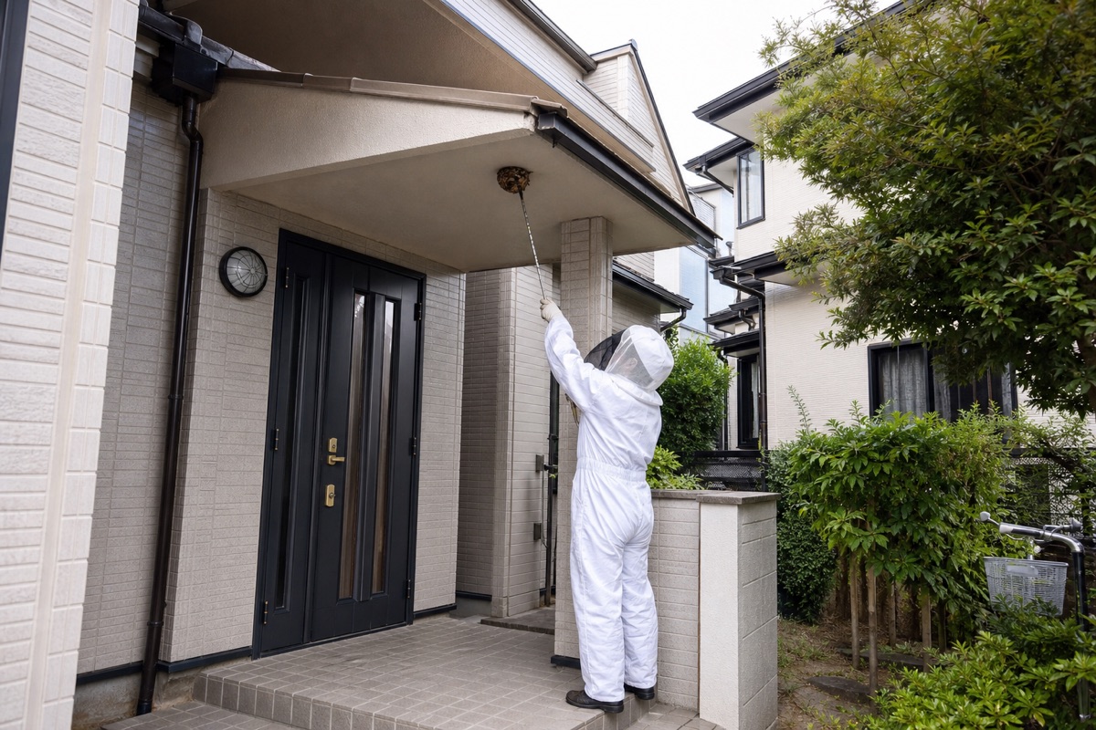 名古屋市中区平和の住宅街でキイロスズメバチ駆除作業中