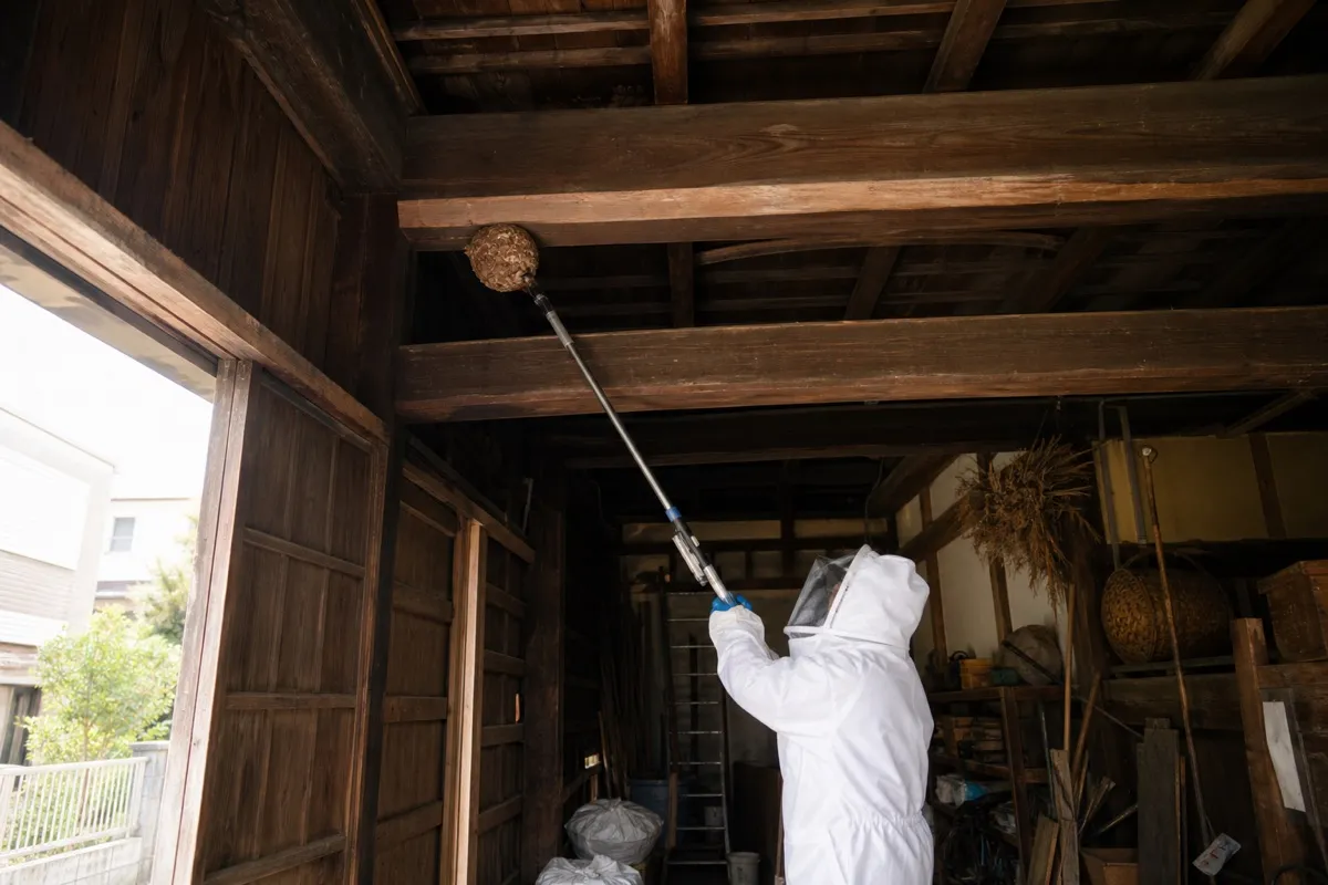 名古屋市中区上前津の農家納屋でオオスズメバチ駆除作業中