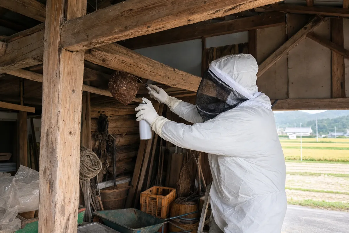名古屋市中区白川町のオオスズメバチ駆除作業中