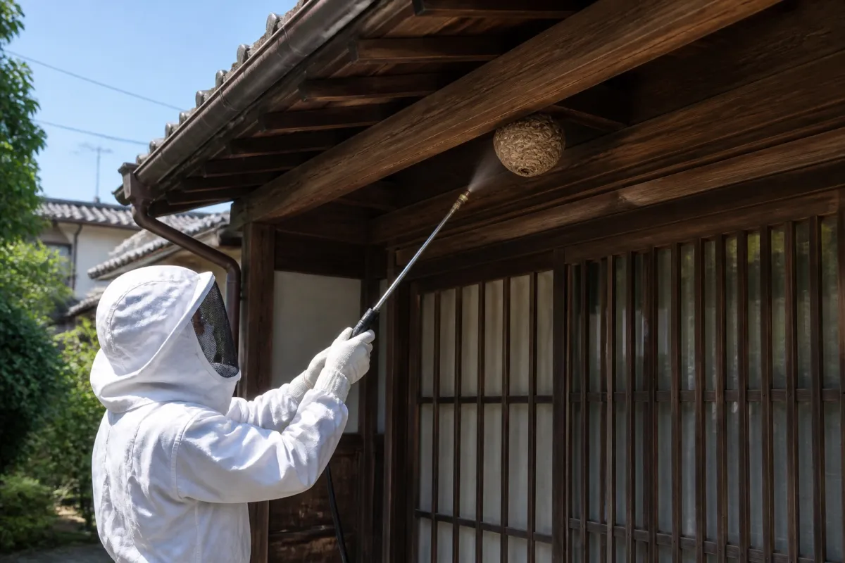 名古屋市中区大須観音通のスズメバチ駆除作業中