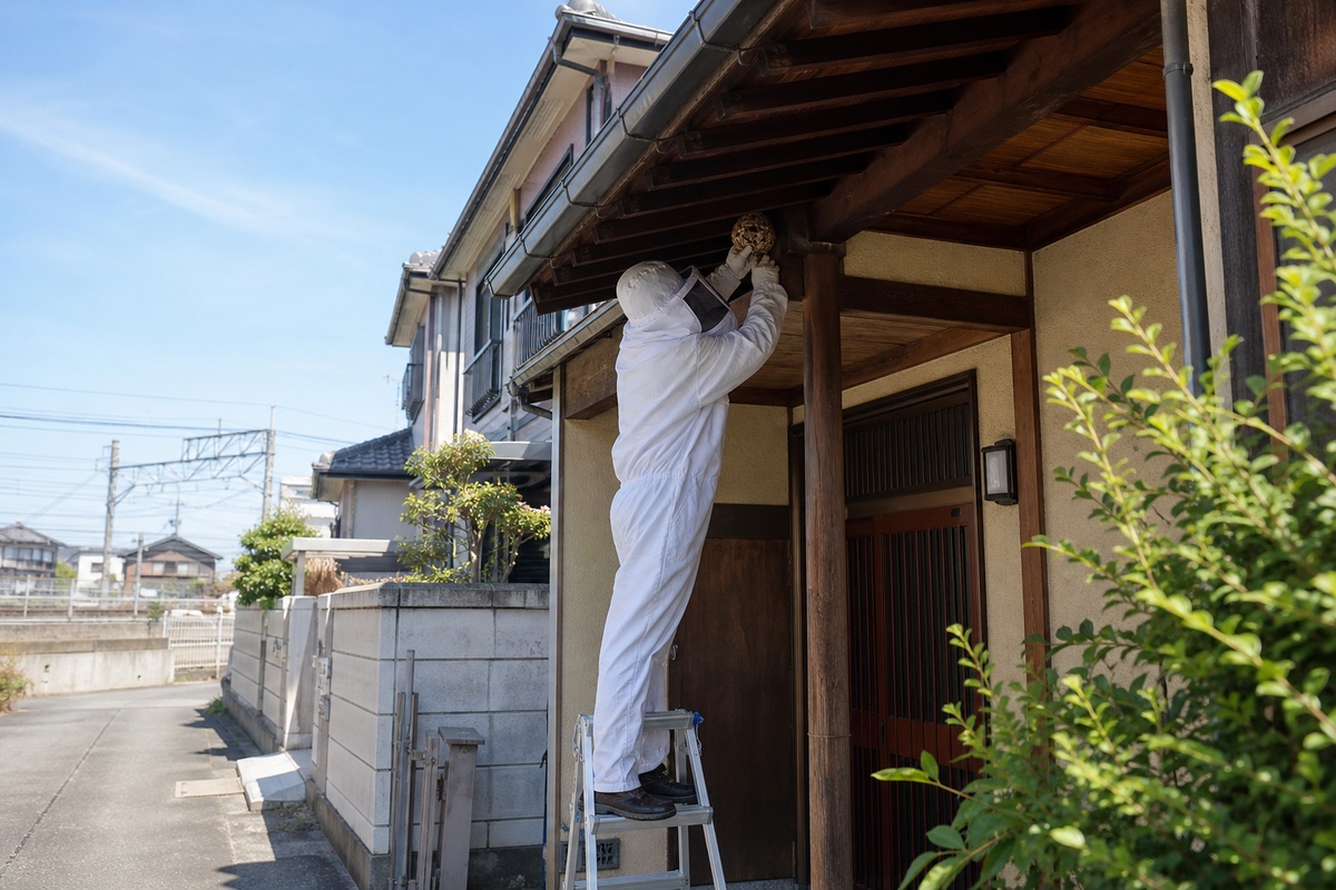 名古屋市中川区富田の住宅街でスズメバチ駆除作業中