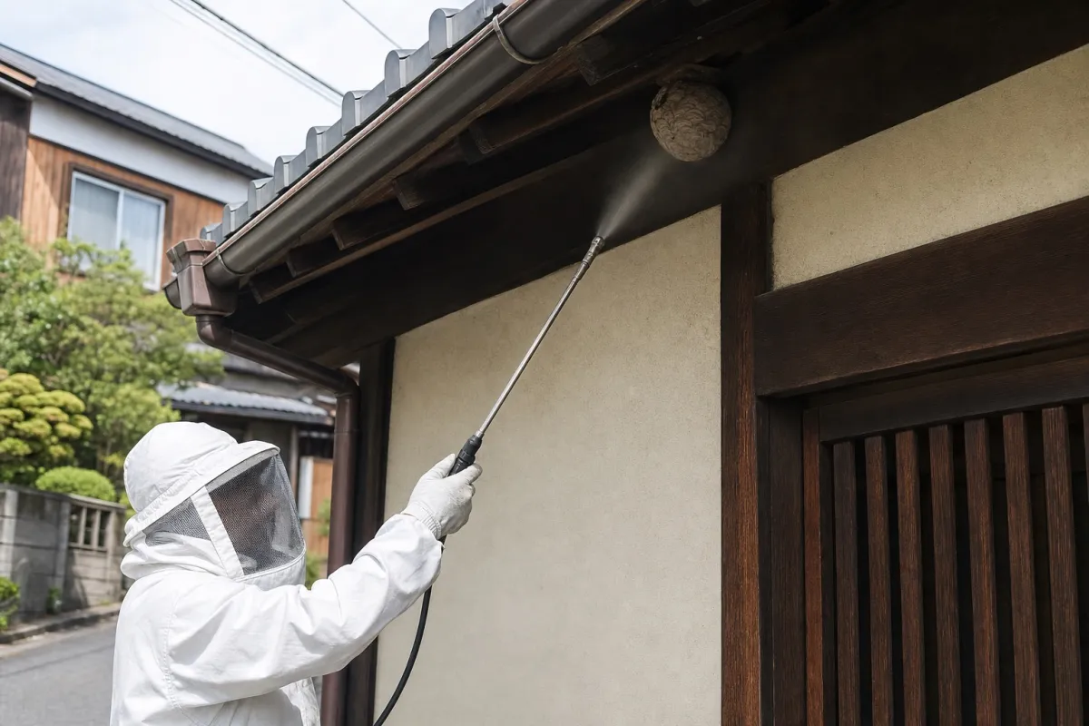 名古屋市中川区八田町のスズメバチ駆除作業中