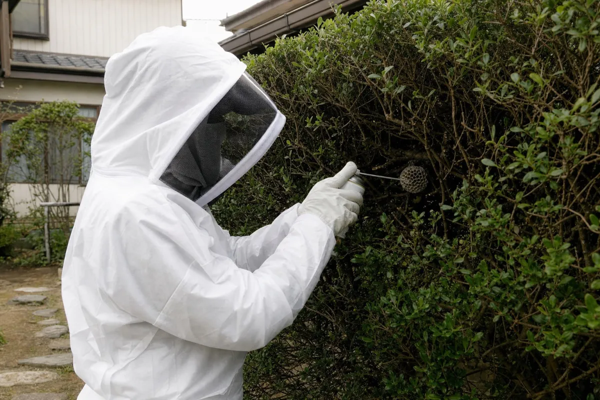 名古屋市中川区露橋のアシナガバチ駆除作業中