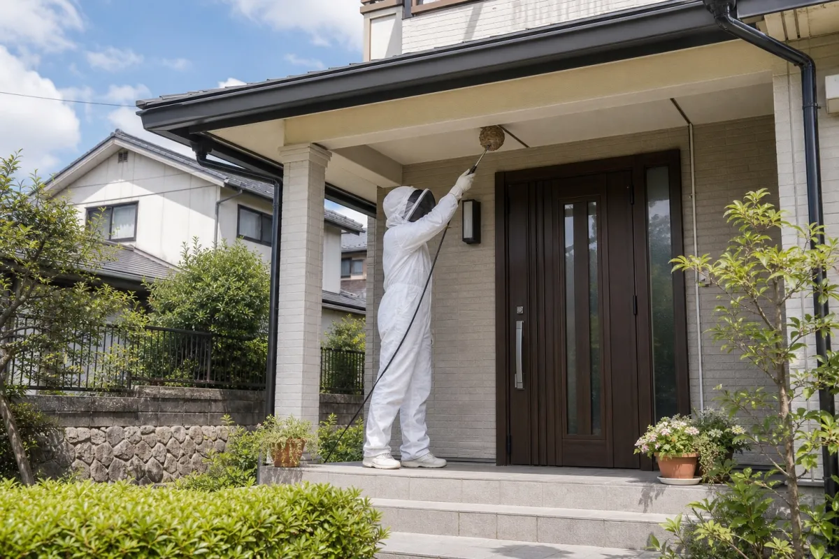 名古屋市中川区西日置のスズメバチ駆除作業中