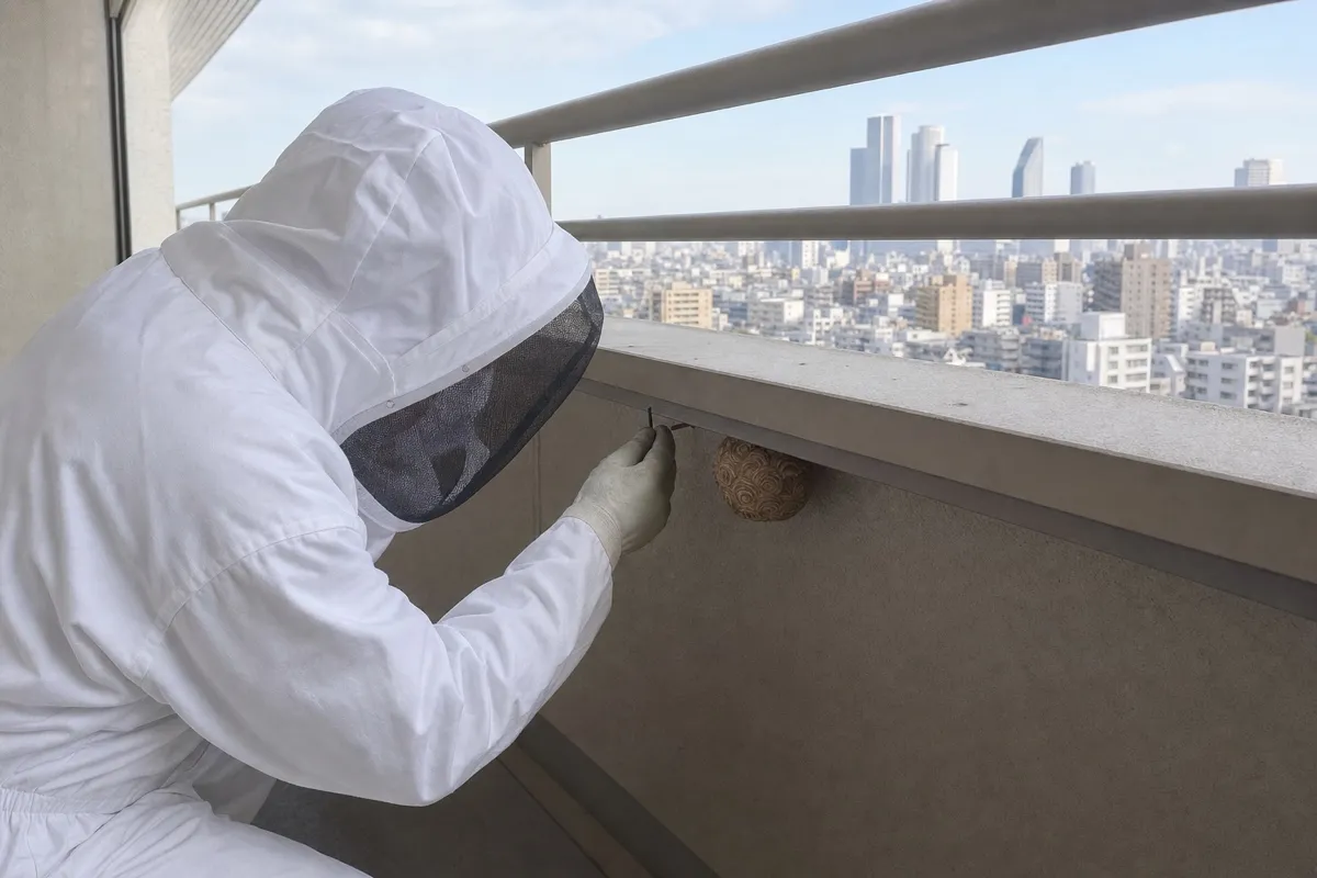 名古屋市中村区畑江通のマンションでスズメバチ駆除作業中