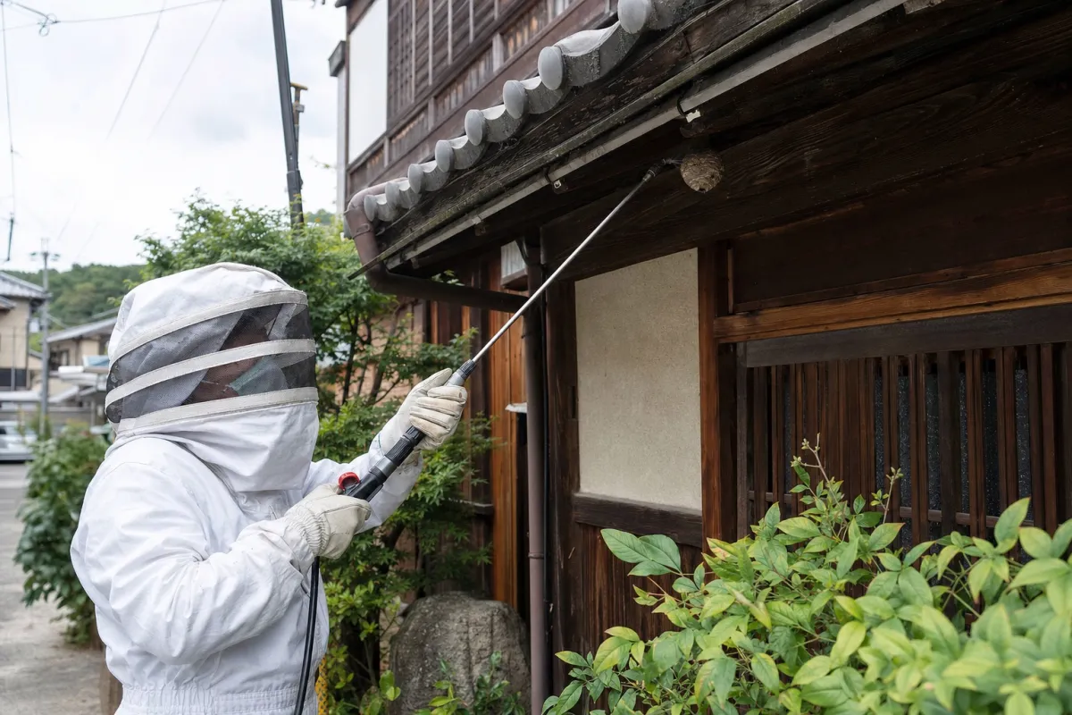 名古屋市中村区黄金通のスズメバチ駆除作業中