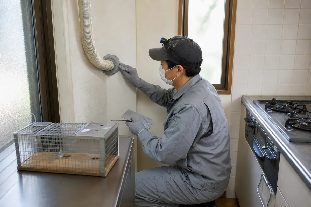 名古屋市名古屋市中川区のハツカネズミ駆除（キッチン・配管周り）作業