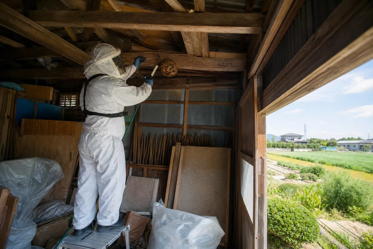 名古屋市西区上小田井の田園農家納屋でオオスズメバチ駆除作業中