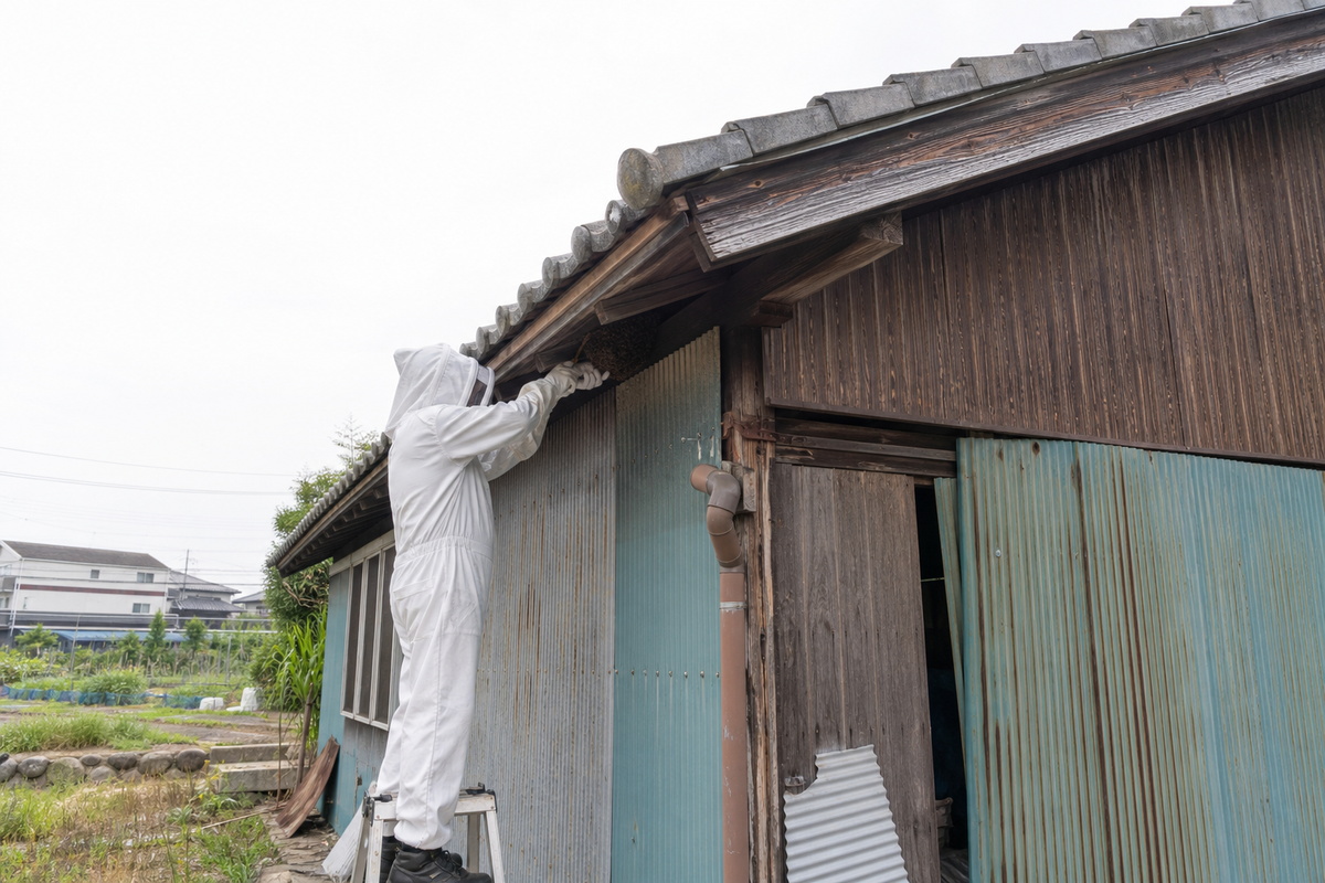 名古屋市西区浅間町の田園農家でミツバチ駆除作業中