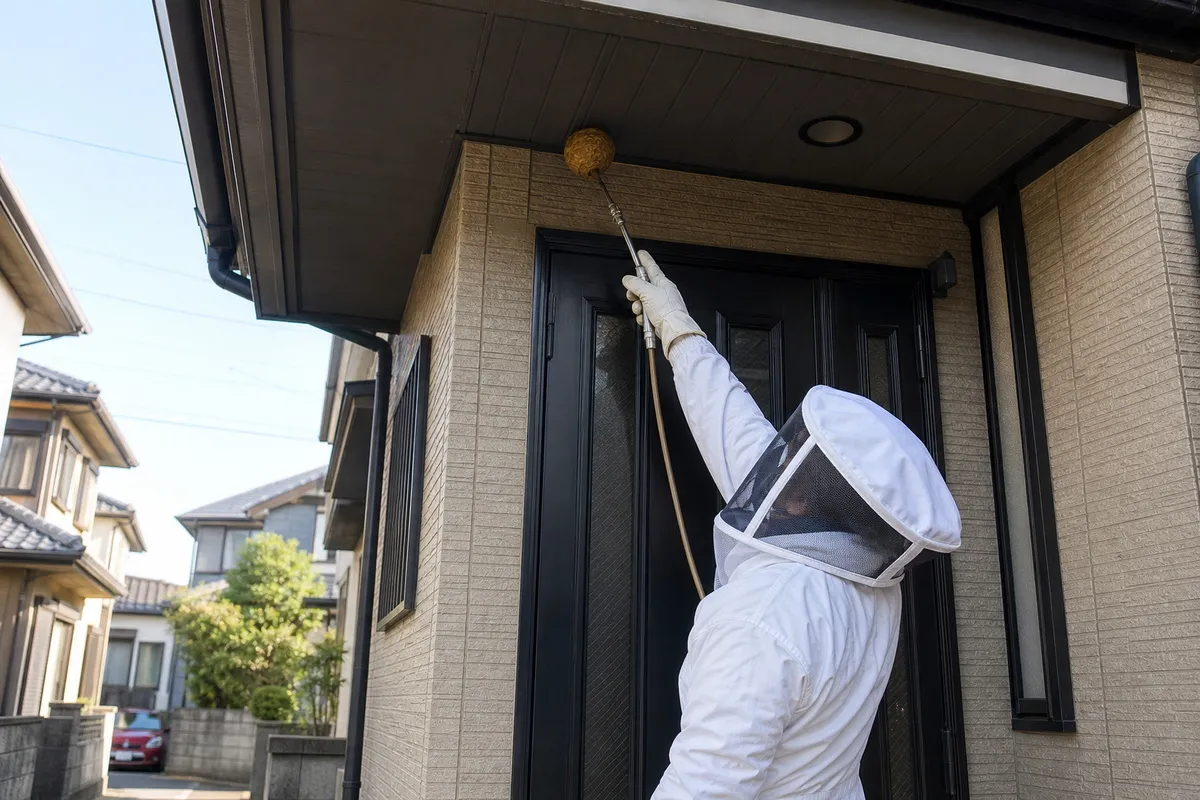 名古屋市西区上小田井の住宅街でキイロスズメバチ駆除作業中