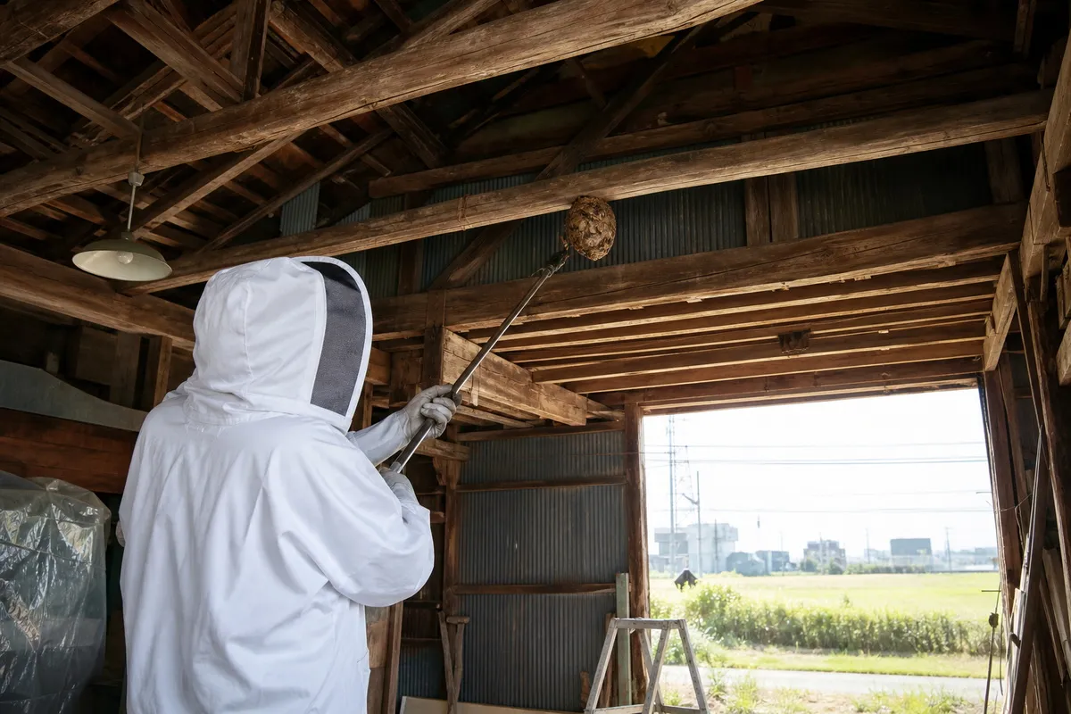 名古屋市西区平中町の農家納屋でオオスズメバチ駆除作業中