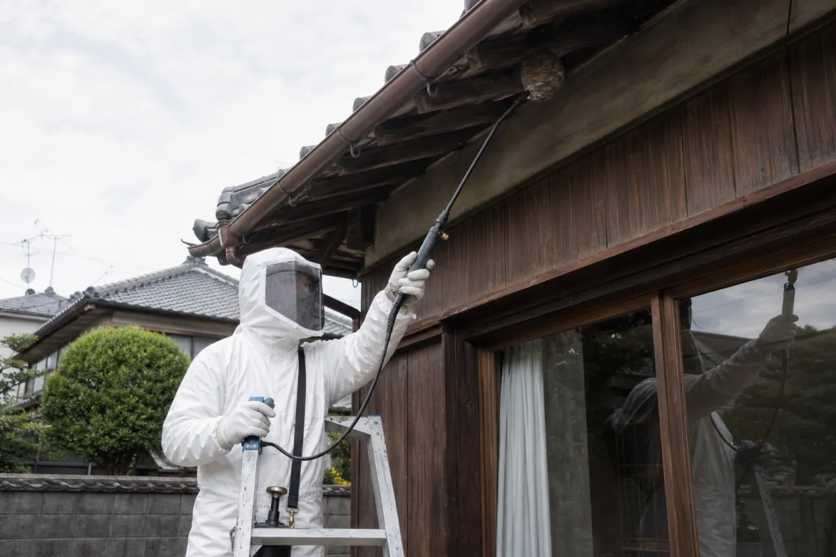 名古屋市西区新道のスズメバチ駆除作業中