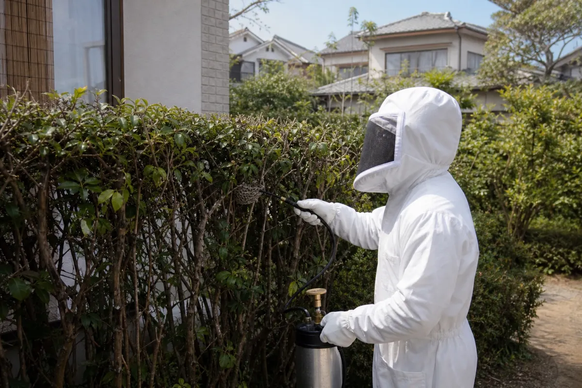 名古屋市西区城西のアシナガバチ駆除作業中