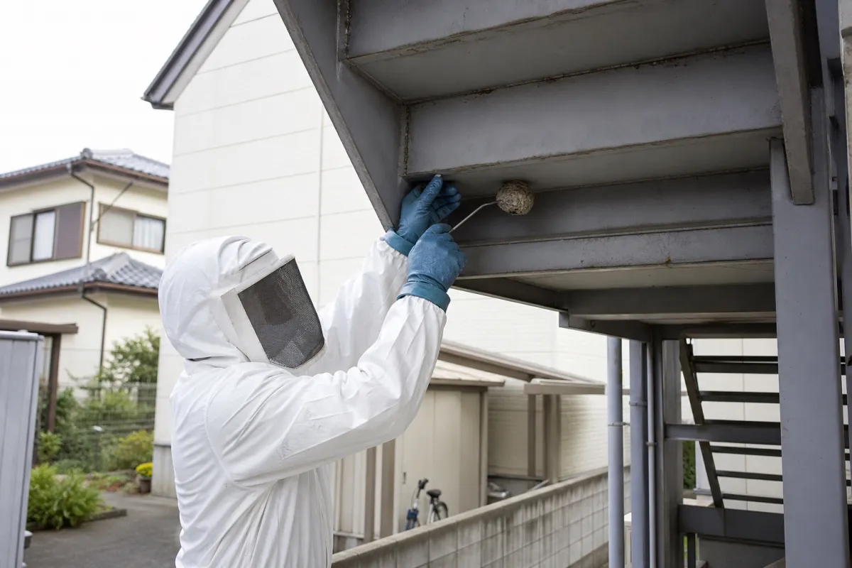 名古屋市西区赤城町のアシナガバチ駆除作業中