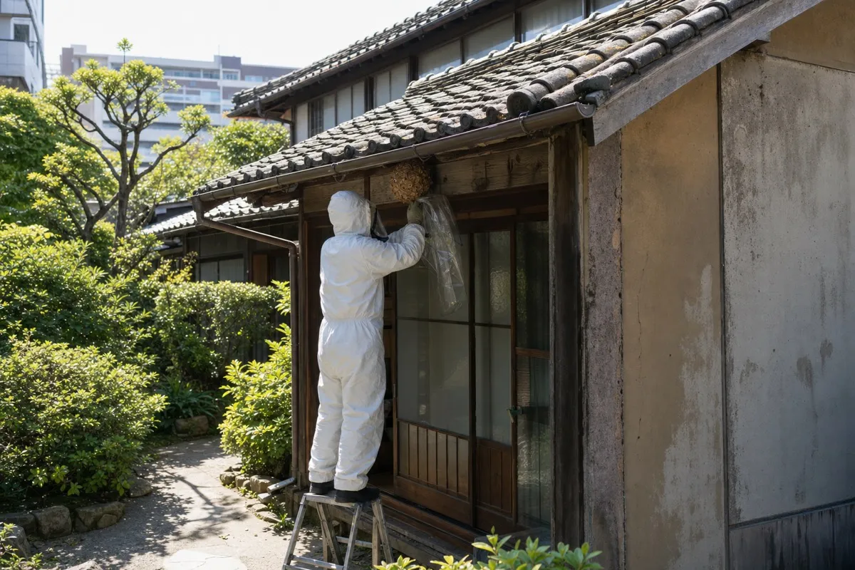 名古屋市昭和区鶴舞公園近隣住宅でオオスズメバチ駆除作業中