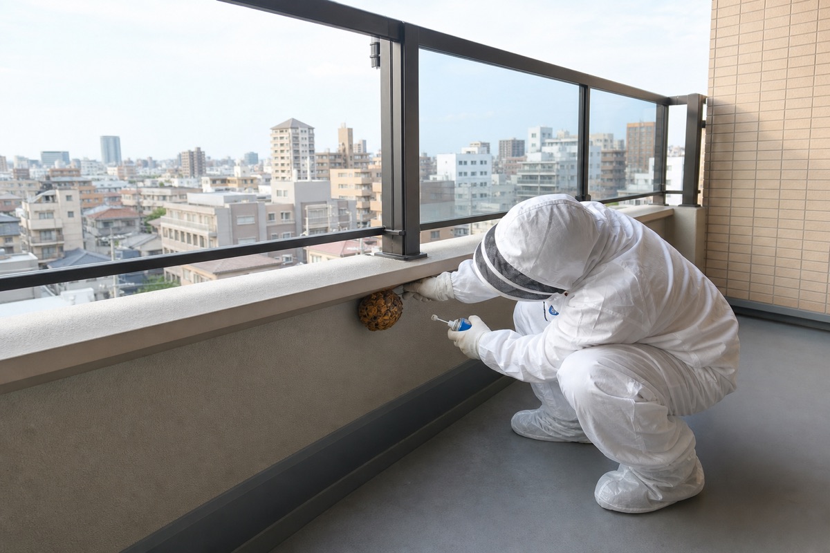 名古屋市昭和区川名の分譲マンションでキイロスズメバチ駆除作業中
