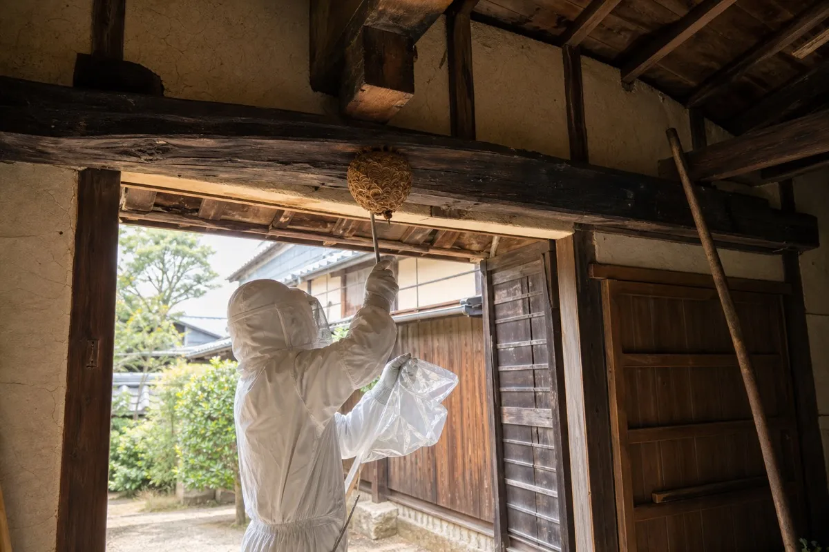 名古屋市昭和区広路町の伝統家屋でオオスズメバチ駆除作業中
