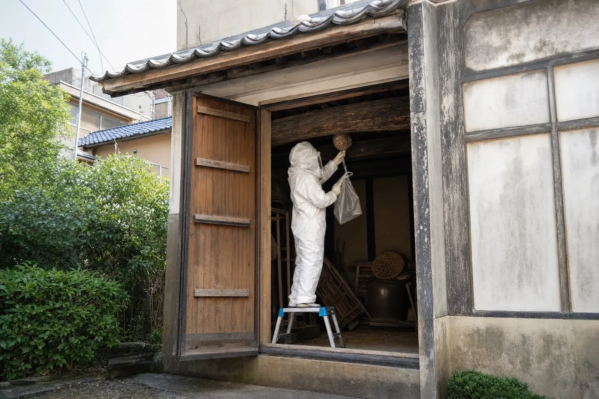 名古屋市昭和区鶴舞の古民家でオオスズメバチ駆除作業中