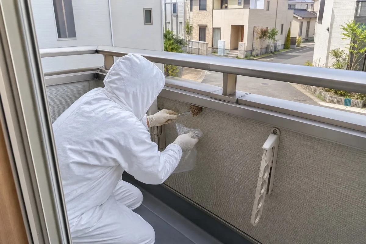 名古屋市昭和区川名の分譲住宅でアシナガバチ駆除作業中