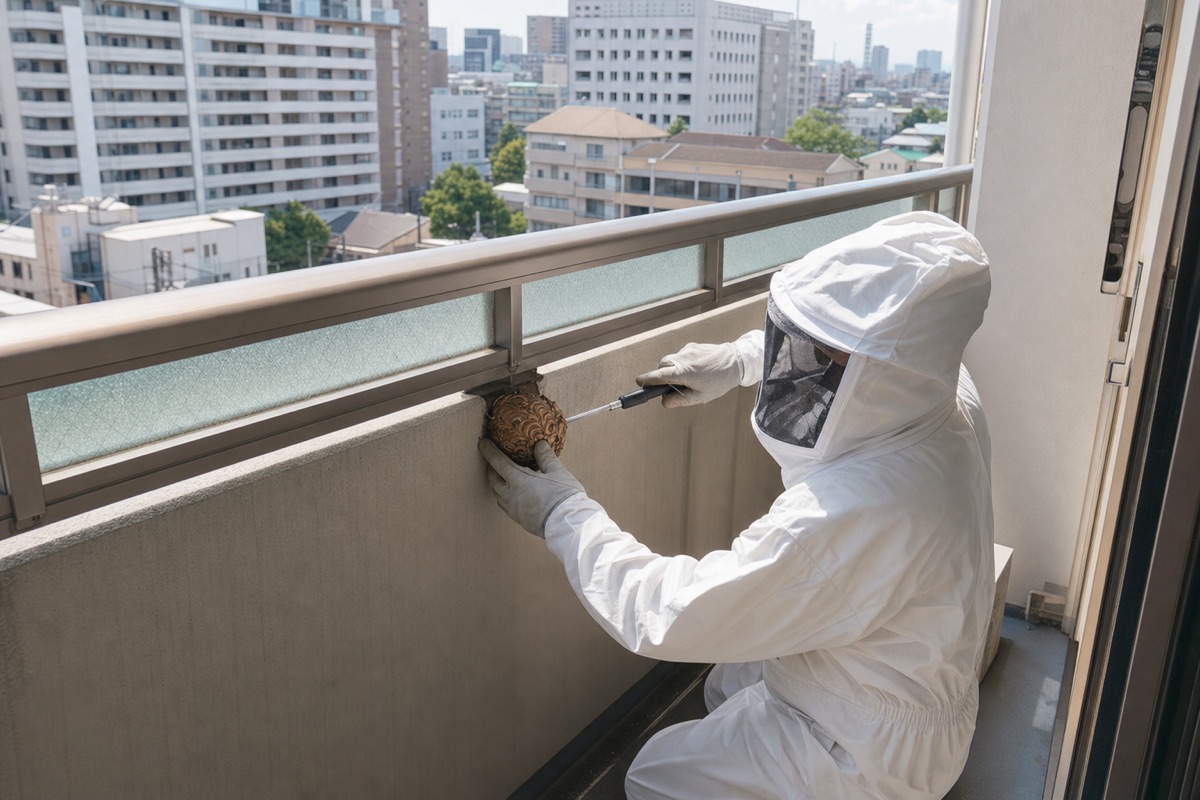 名古屋市昭和区広路町のマンションでスズメバチ駆除作業中