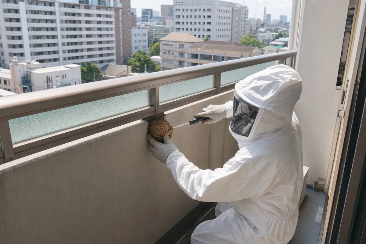 名古屋市昭和区広路町のマンションでスズメバチ駆除作業中
