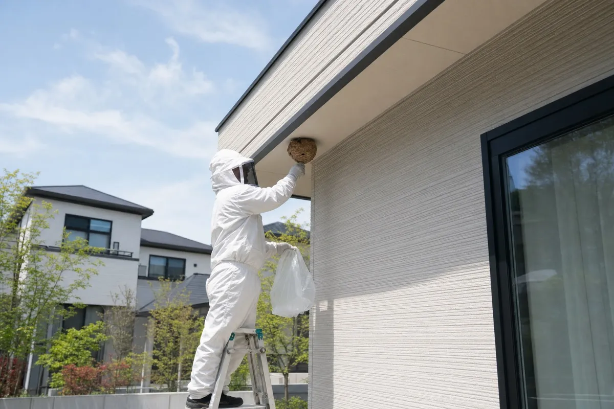 名古屋市昭和区滝子町の新築住宅でスズメバチ駆除作業中