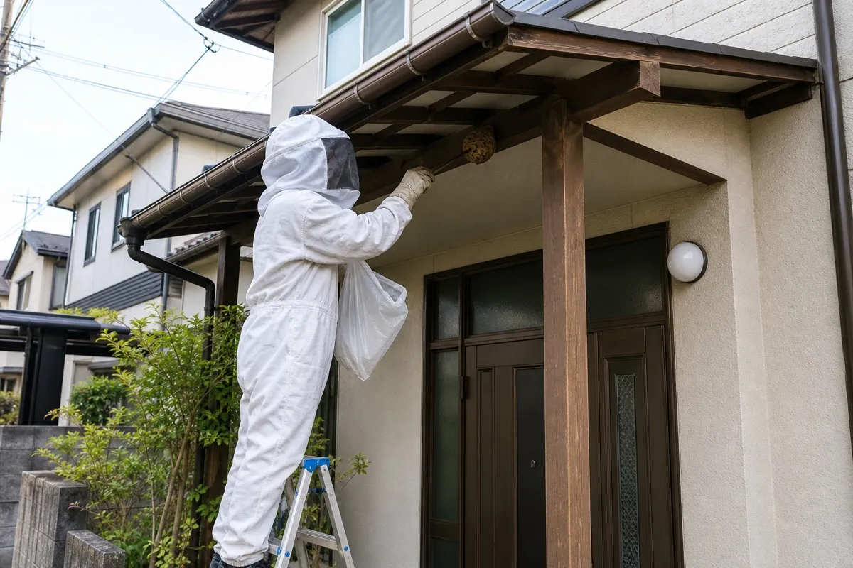 名古屋市天白区植田の住宅街でスズメバチ駆除作業中