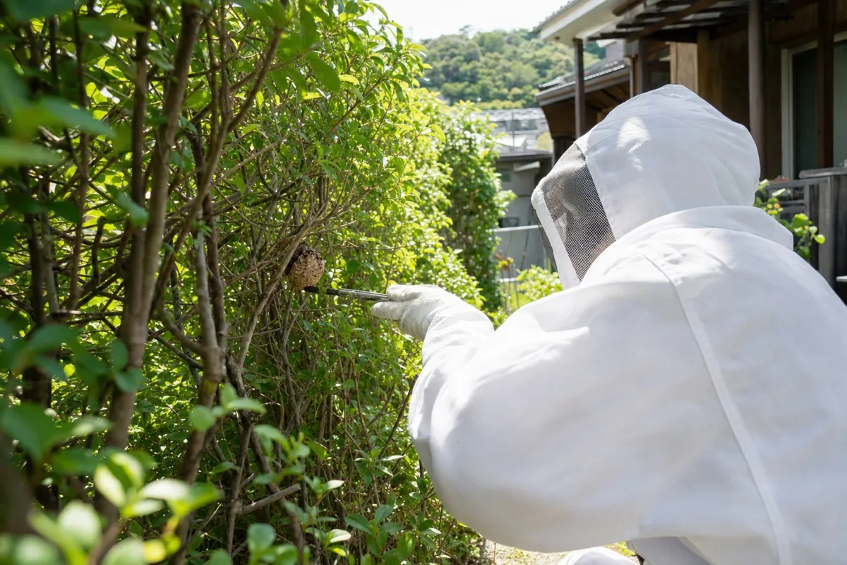 名古屋市天白区八事の閑静住宅でアシナガバチ駆除作業中