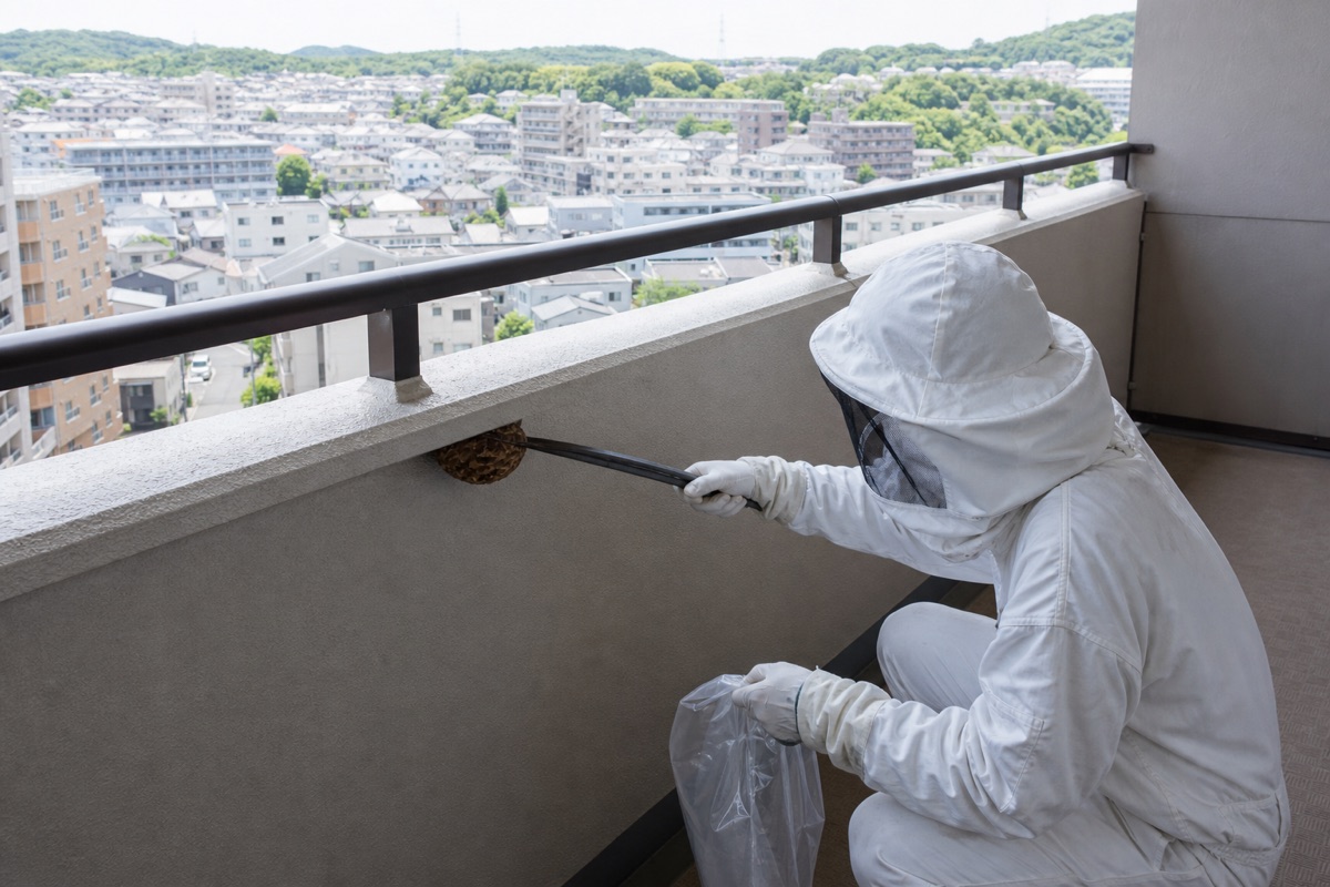 名古屋市天白区平針の分譲マンションでキイロスズメバチ駆除作業中