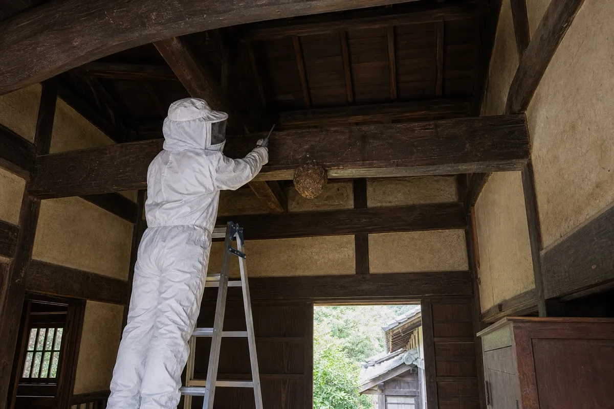 名古屋市天白区古川町の古民家でオオスズメバチ駆除作業中