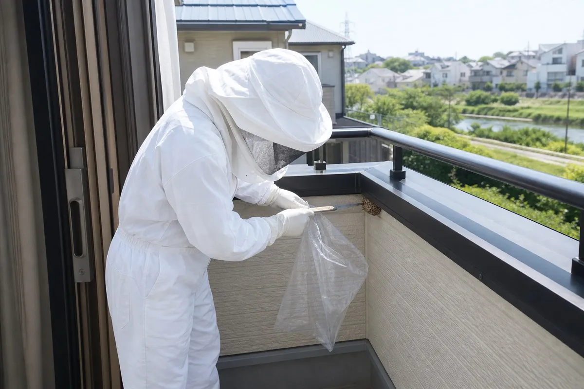 名古屋市天白区久方の分譲住宅でアシナガバチ駆除作業中