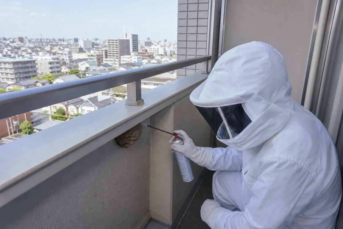 名古屋市天白区音聞山のマンションでスズメバチ駆除作業中