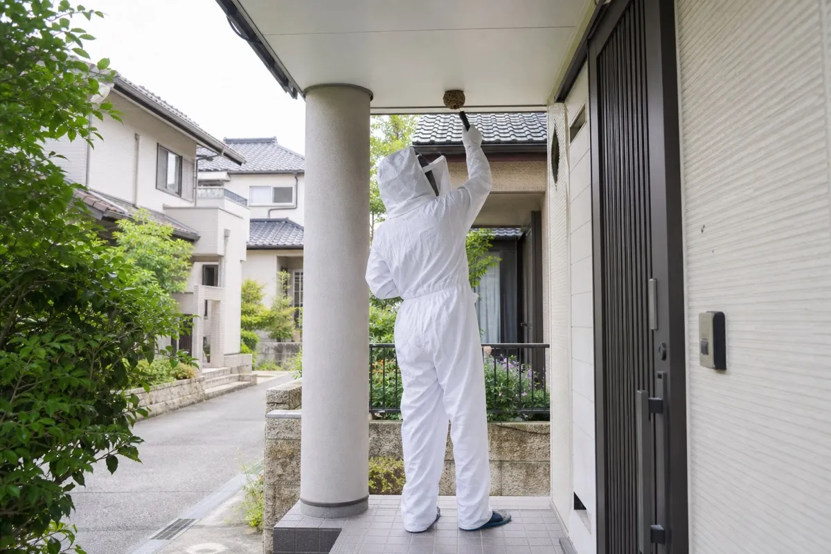 名古屋市天白区元植田の住宅街でキイロスズメバチ駆除作業中