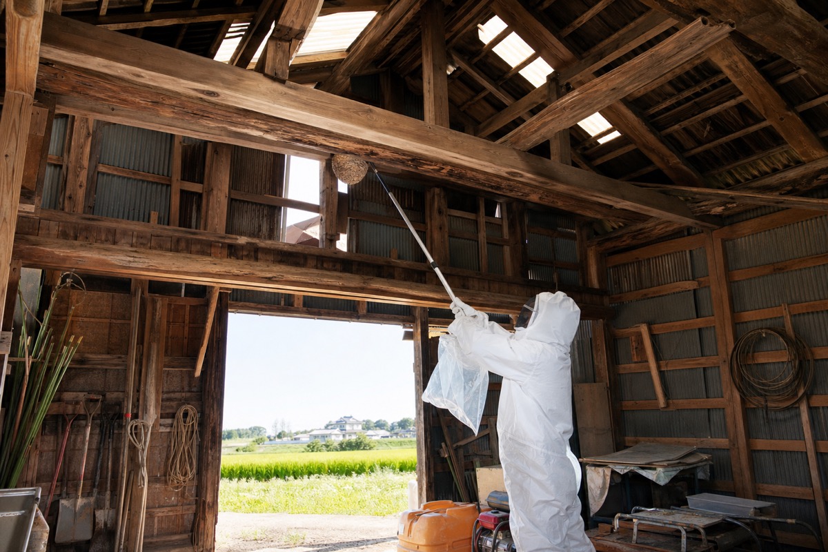 名古屋市天白区中砂町の農家納屋でオオスズメバチ駆除作業中