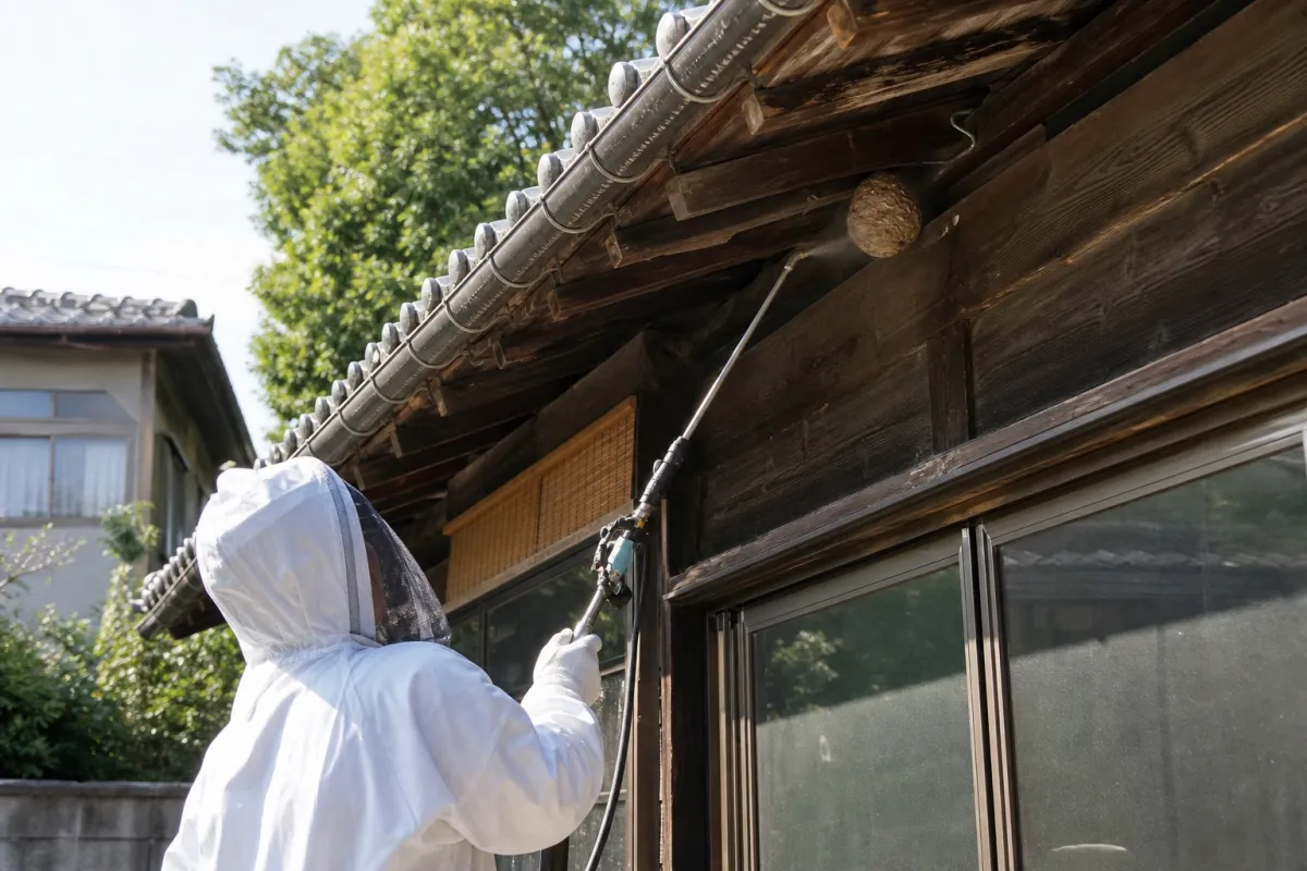 名古屋市天白区野並のスズメバチ駆除作業中