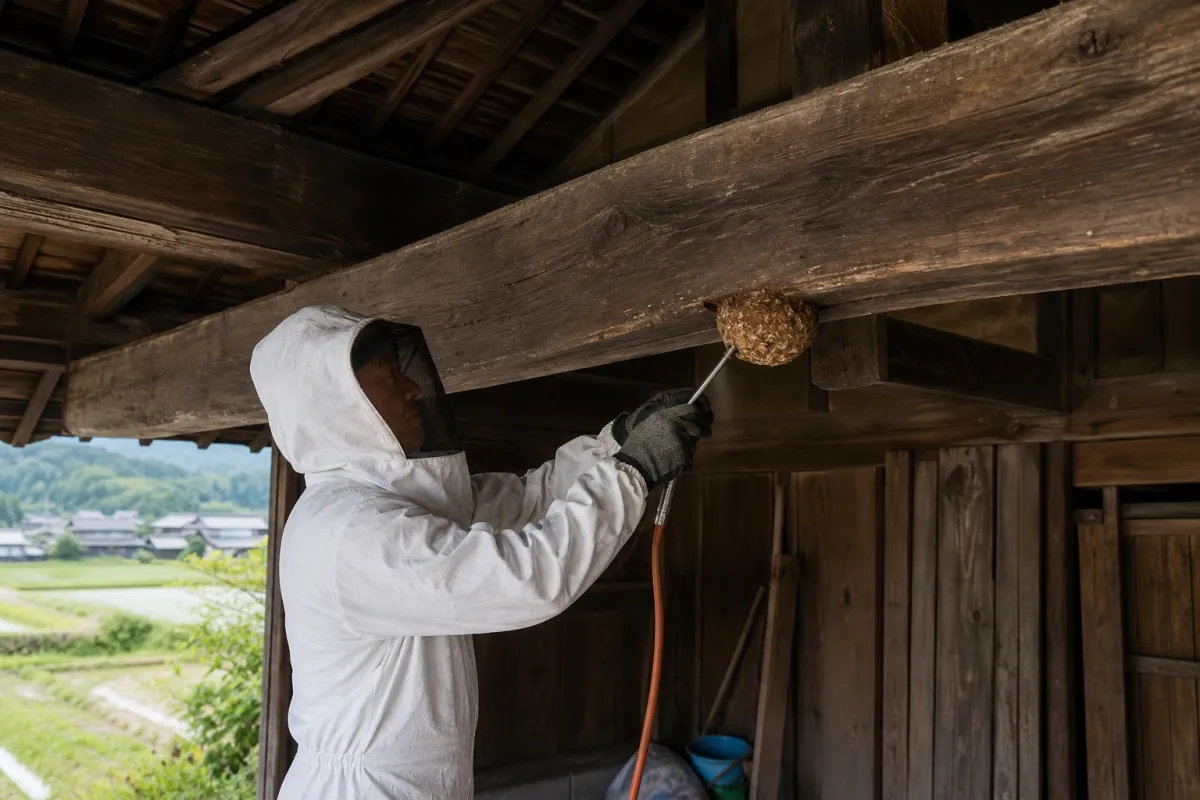 名古屋市天白区荒池のオオスズメバチ駆除作業中