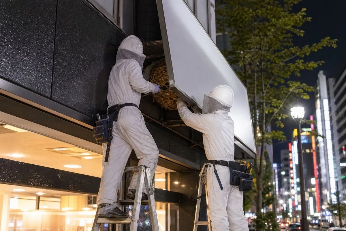 名古屋市中区栄の商業ビルでキイロスズメバチ駆除作業中
