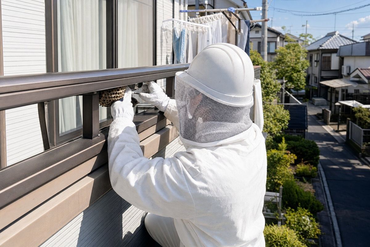 名古屋市緑区鳴海町の一軒家でアシナガバチ駆除作業中