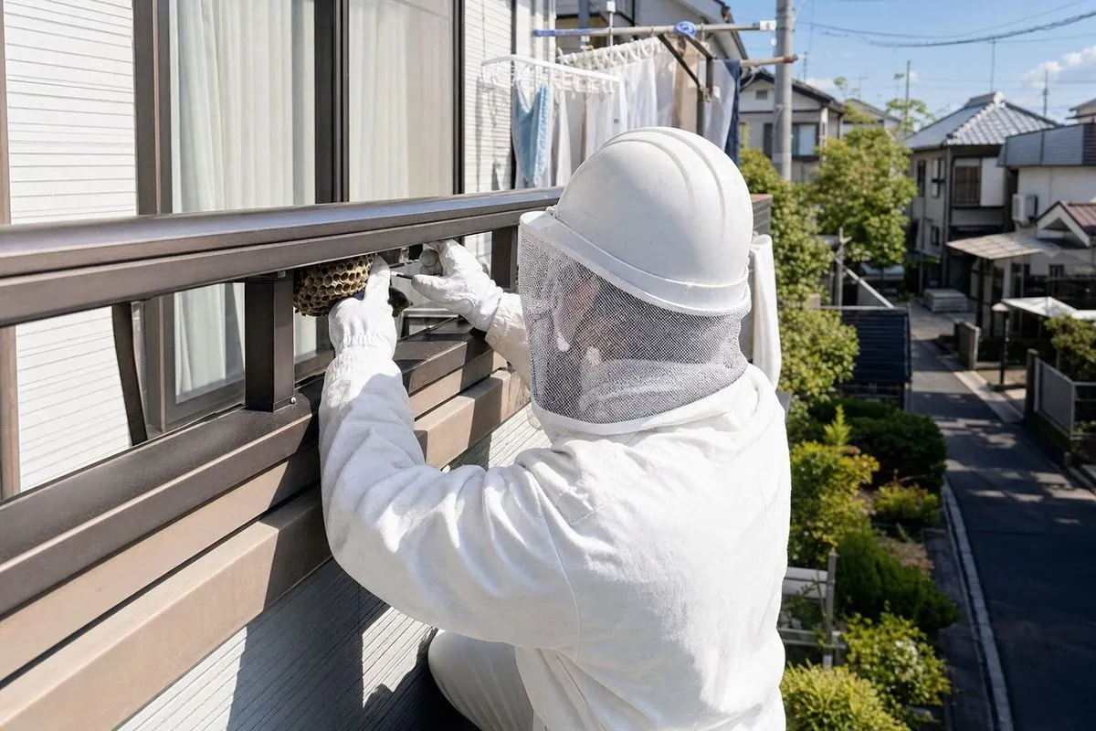 名古屋市緑区鳴海町の一軒家でアシナガバチ駆除作業中
