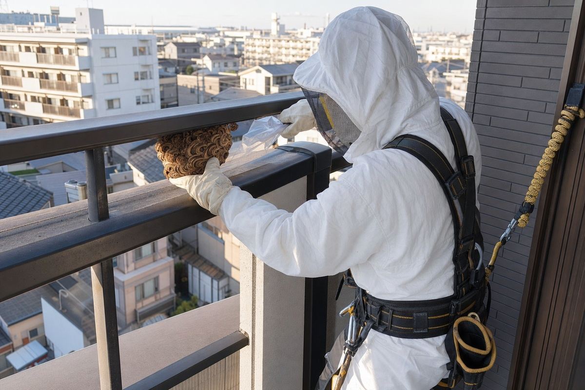 名古屋市東区代官町のマンションでアシナガバチ駆除作業中