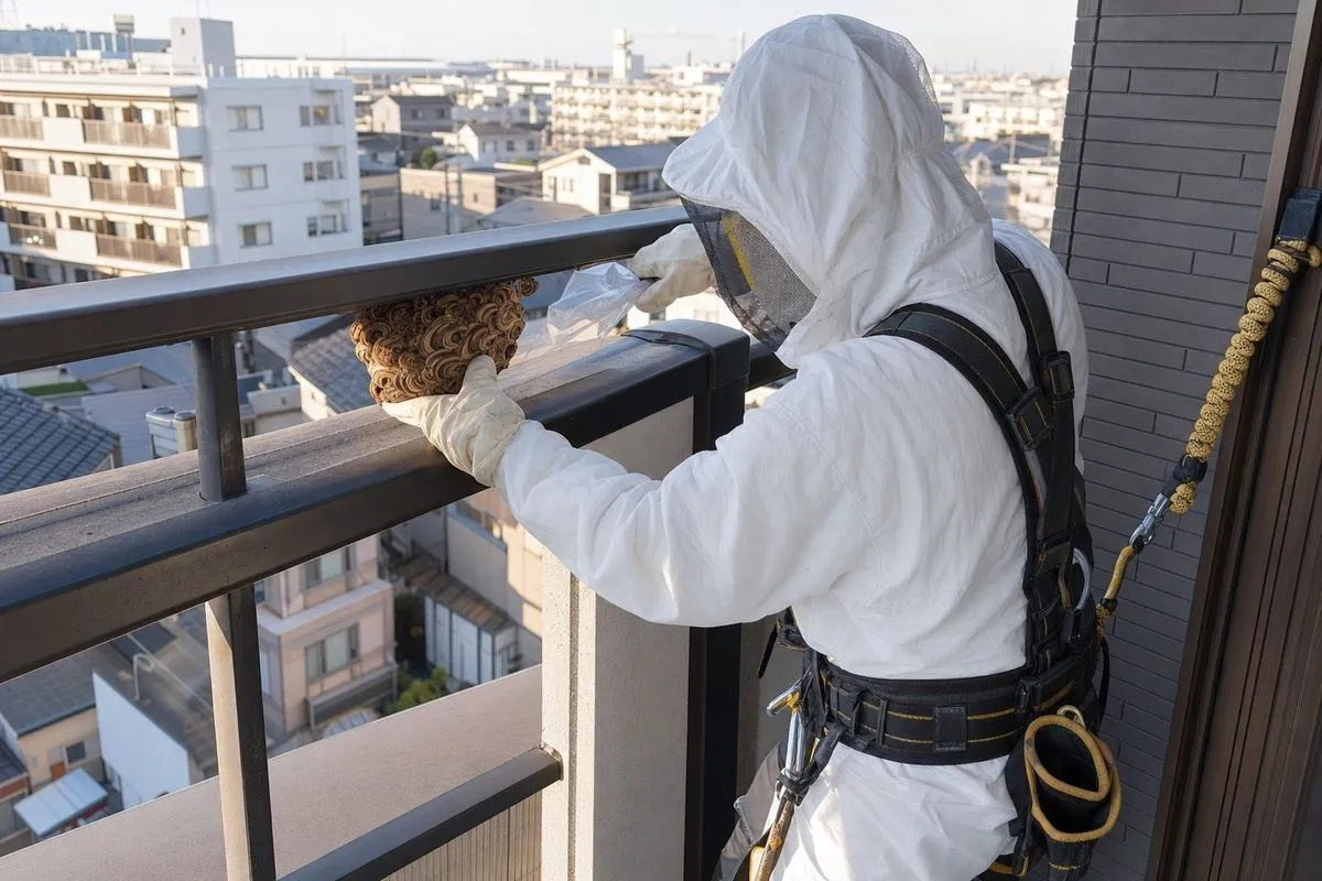 名古屋市東区代官町のマンションでアシナガバチ駆除作業中