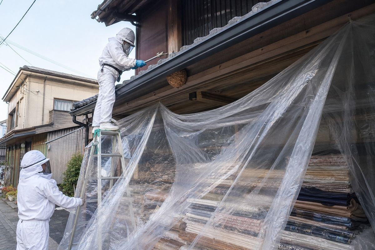 名古屋市西区浄心の町家でキイロスズメバチ駆除作業中