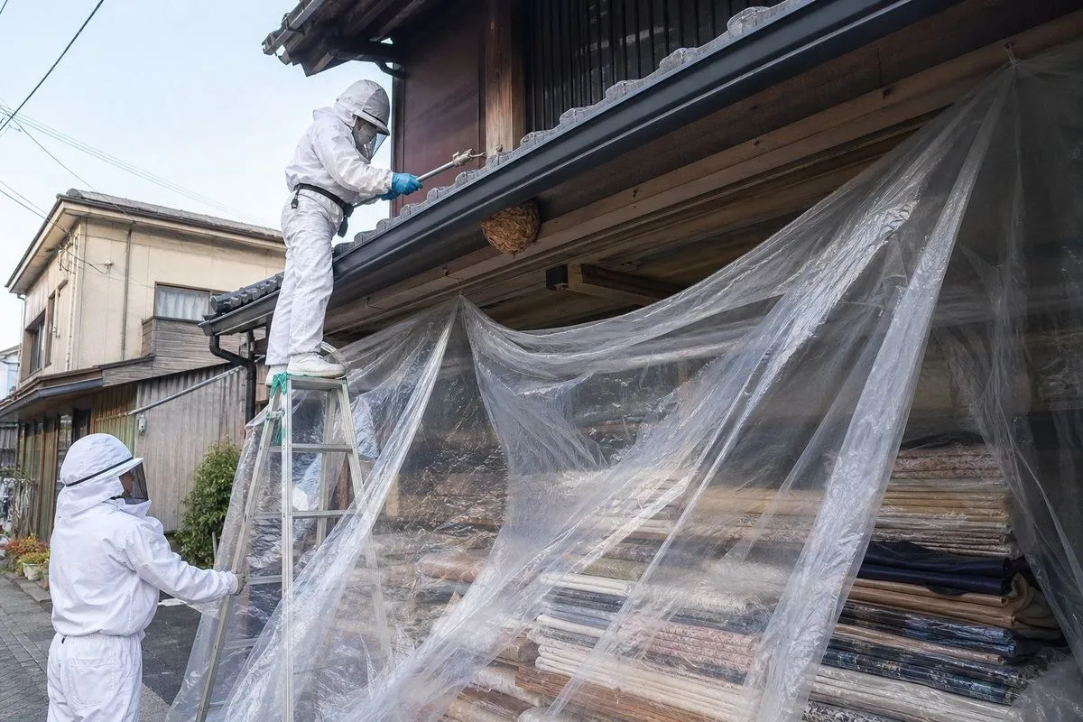 名古屋市西区浄心の町家でキイロスズメバチ駆除作業中