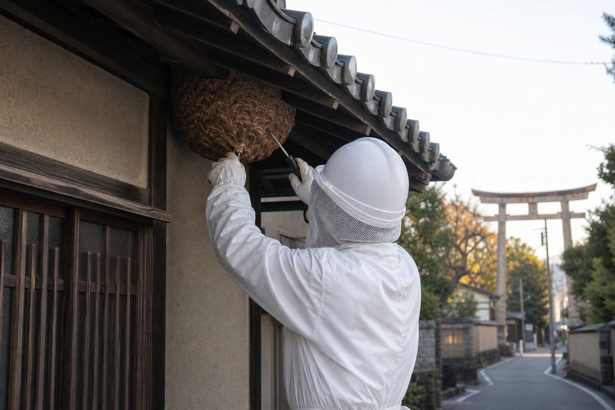 名古屋市熱田区神宮の戸建住宅でスズメバチ駆除作業中