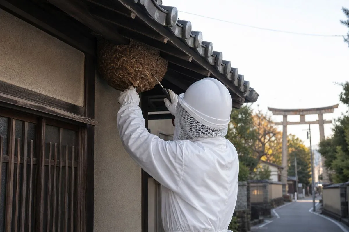 名古屋市熱田区神宮の戸建住宅でスズメバチ駆除作業中