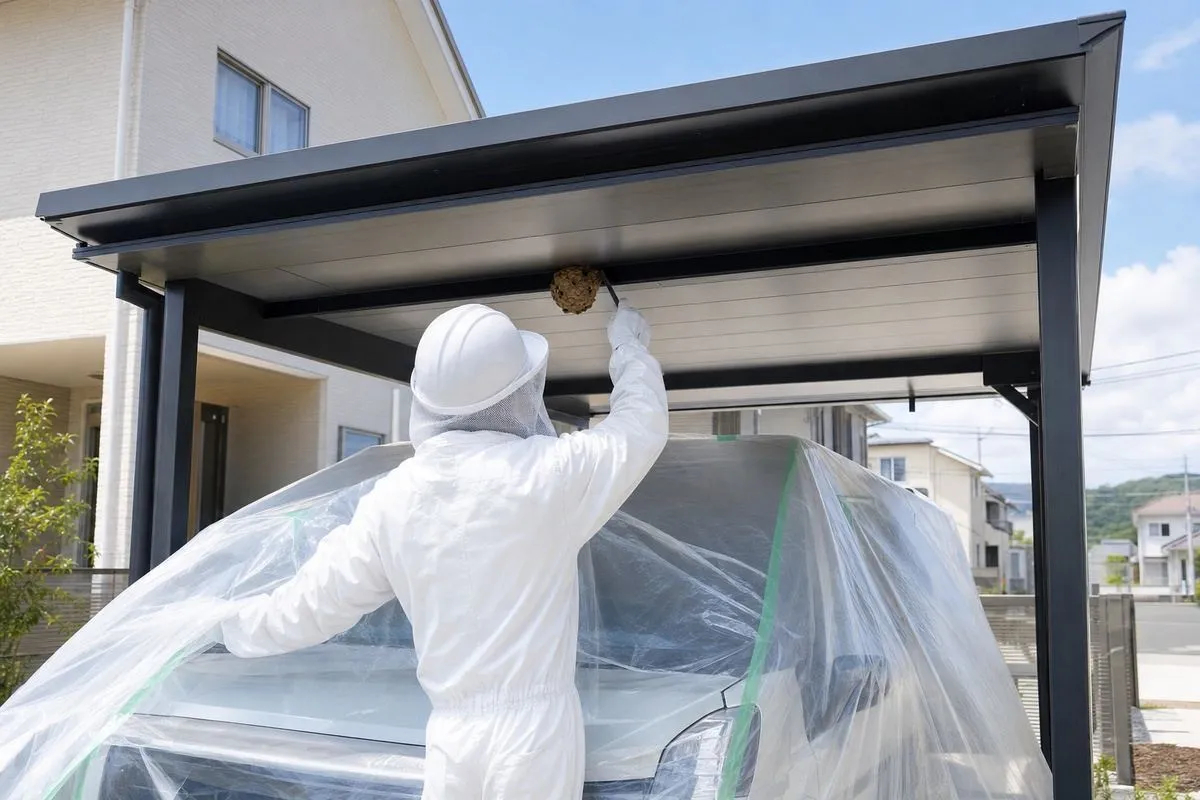 名古屋市名東区一社の新築一軒家でアシナガバチ駆除作業中