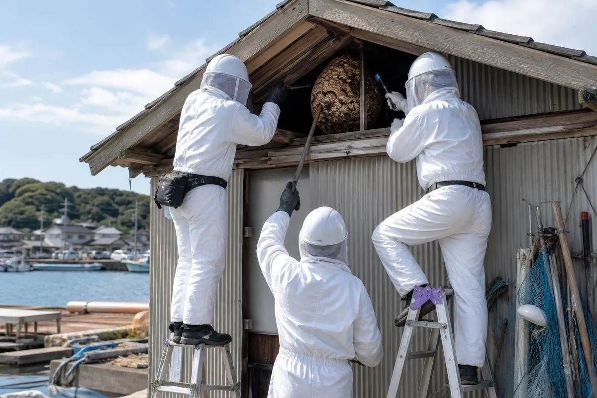 名古屋市天白区平針の賃貸戸建でキイロスズメバチ駆除作業中