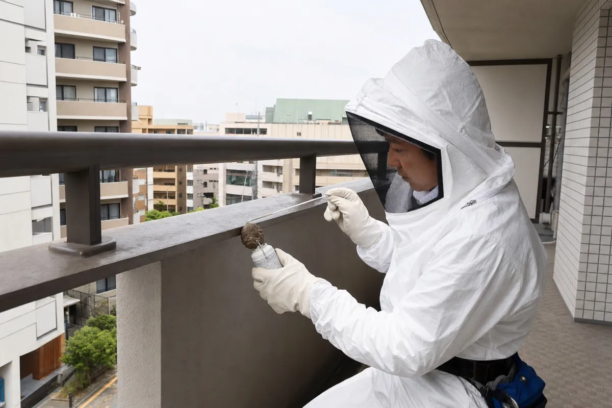 名古屋市千種区星ヶ丘のスズメバチ駆除作業中