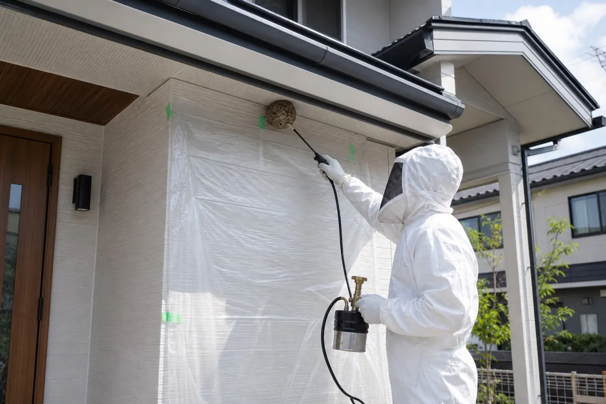 名古屋市天白区野並のキイロスズメバチ駆除作業中